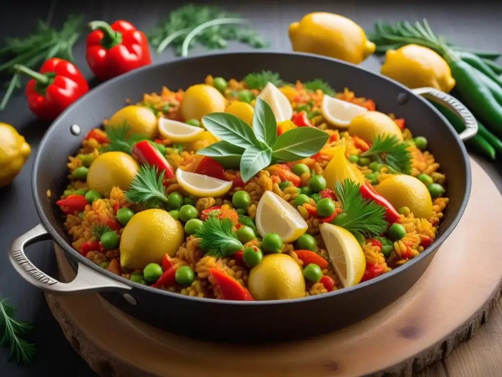 Una vibrante paella vegana con vegetales frescos en una cazuela de barro