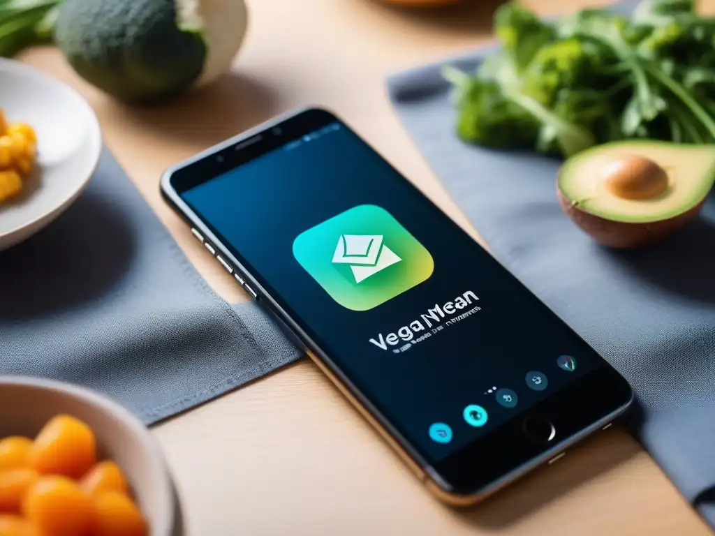 Vibrante pantalla de smartphone con aplicaciones innovadoras dieta vegana, diseño minimalista y tecnología de vanguardia