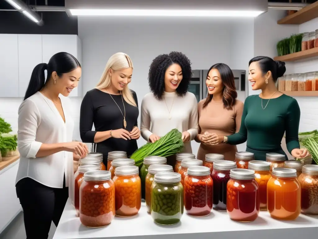 Una ilustración vibrante de personas diversas fermentando alimentos veganos en una estación con tarros coloridos