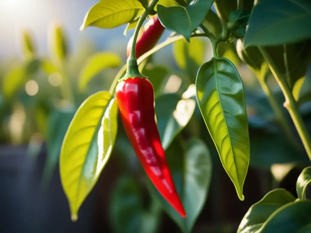 Vibrante planta de chiles rojos y verdes con frutos maduros brillantes