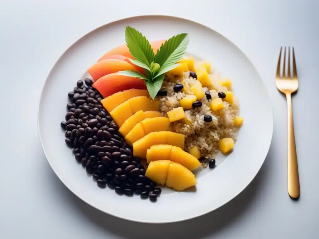 Un vibrante plato caribeño vegano con frutas tropicales frescas, plátanos crujientes, frijoles negros y arroz de coco, en un plato blanco moderno