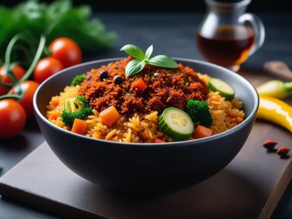 Un vibrante plato vegano de arroz jollof con influencia africana, lleno de color y sabores