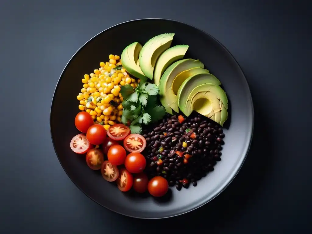 Un vibrante plato vegano latino con cilantro fresco, texturas y colores, destacando en un elegante plato de cerámica