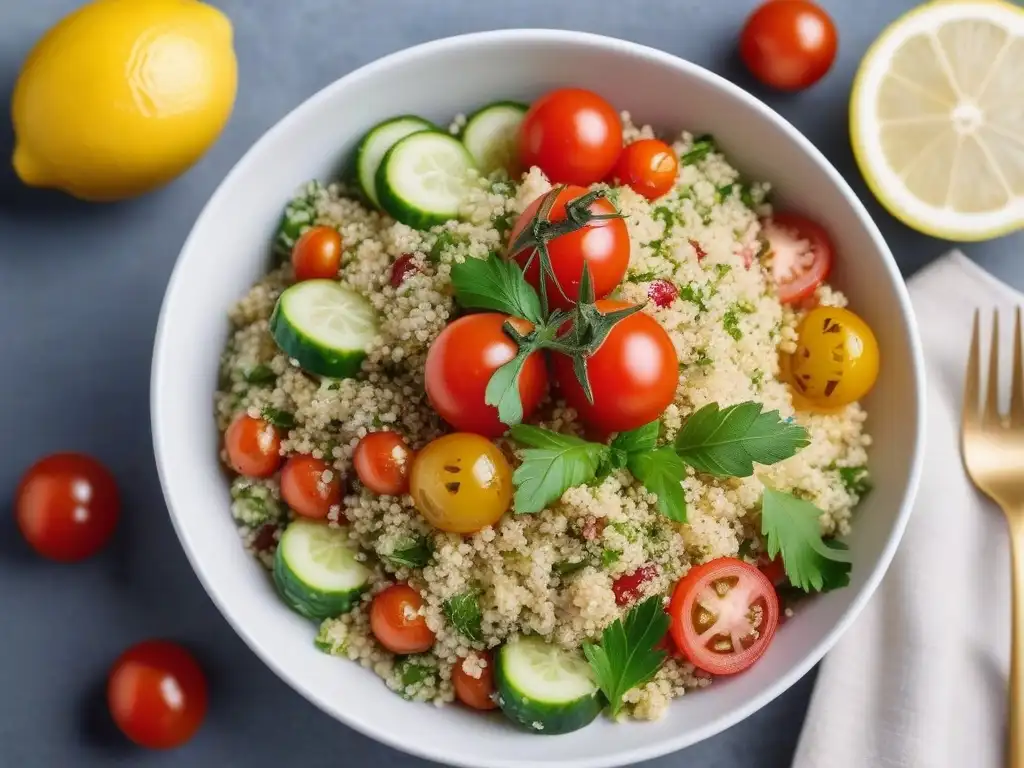 Deléitate con esta vibrante receta tabulé vegano saludable en un bol blanco, repleto de ingredientes frescos y coloridos