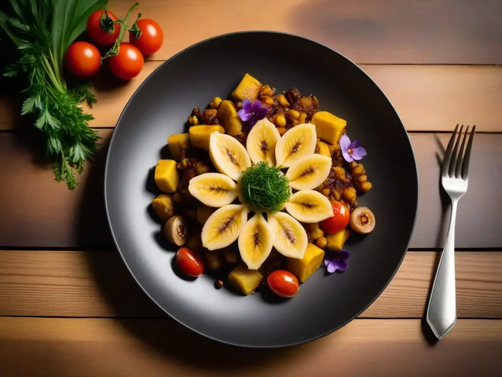 Deléitate con la presentación vibrante de recetas plátanos veganos africanos en un plato exquisito y colorido