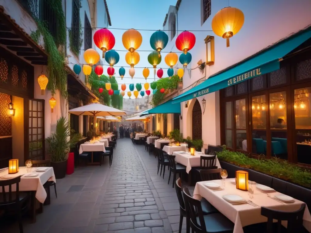 Un vibrante restaurante vegano al aire libre en el corazón de una bulliciosa ciudad del Medio Oriente, con faroles coloridos que cuelgan sobre comensales disfrutando de deliciosos platos vegetales