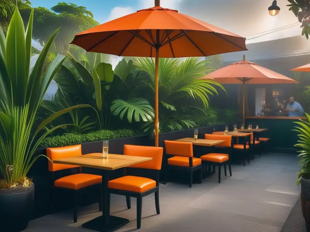 Un vibrante restaurante vegano caribeño con platos deliciosos en un patio colorido y acogedor al atardecer