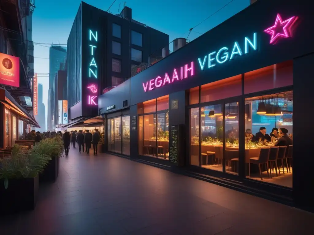 Vibrante restaurante vegano en la ciudad, reflejando vida social activa siendo vegano