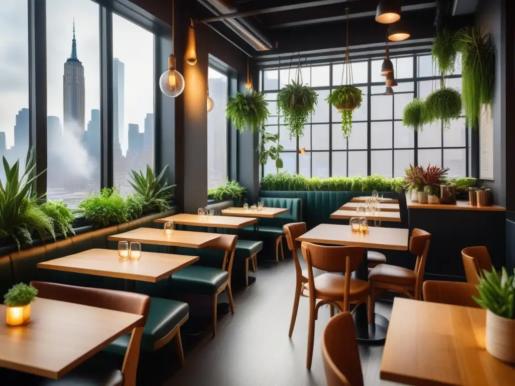 Un vibrante restaurante vegano en Nueva York con ambiente trendy y comida innovadora