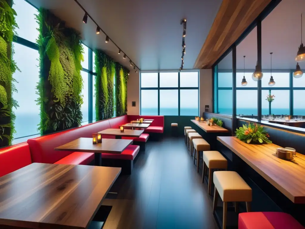 Vibrante restaurante vegano en Oceanía con diseño moderno y verde muro vegetal