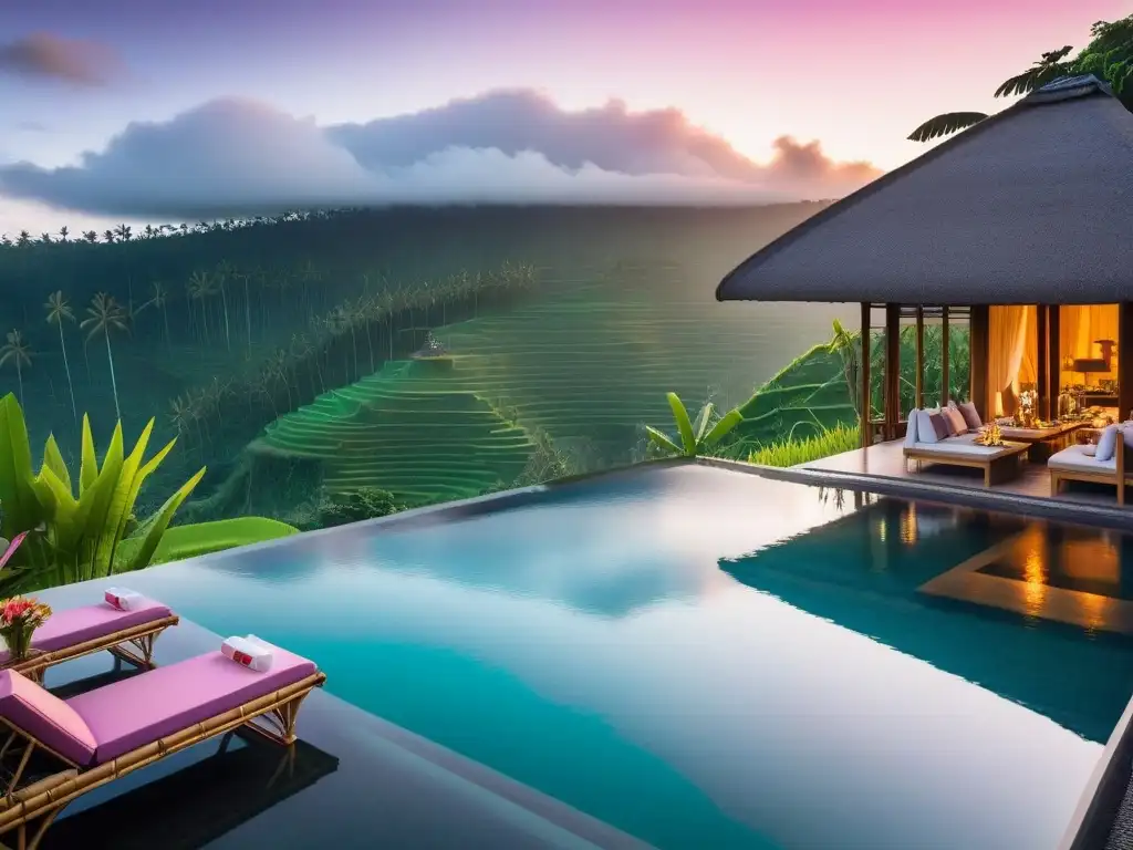 Vibrante infinity pool con restaurante vegano en Bali, rodeado de terrazas de arroz