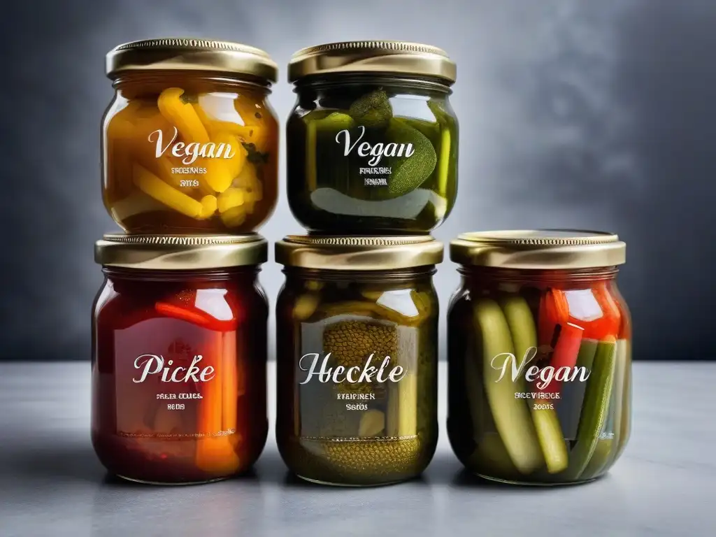 Vibrante selección de pickles indios veganos caseros en tarros de cristal, resaltando colores y texturas