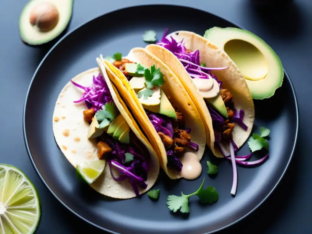 Un vibrante taco vegano fusionado con ingredientes coloridos, presentado en un elegante plato negro sobre fondo blanco