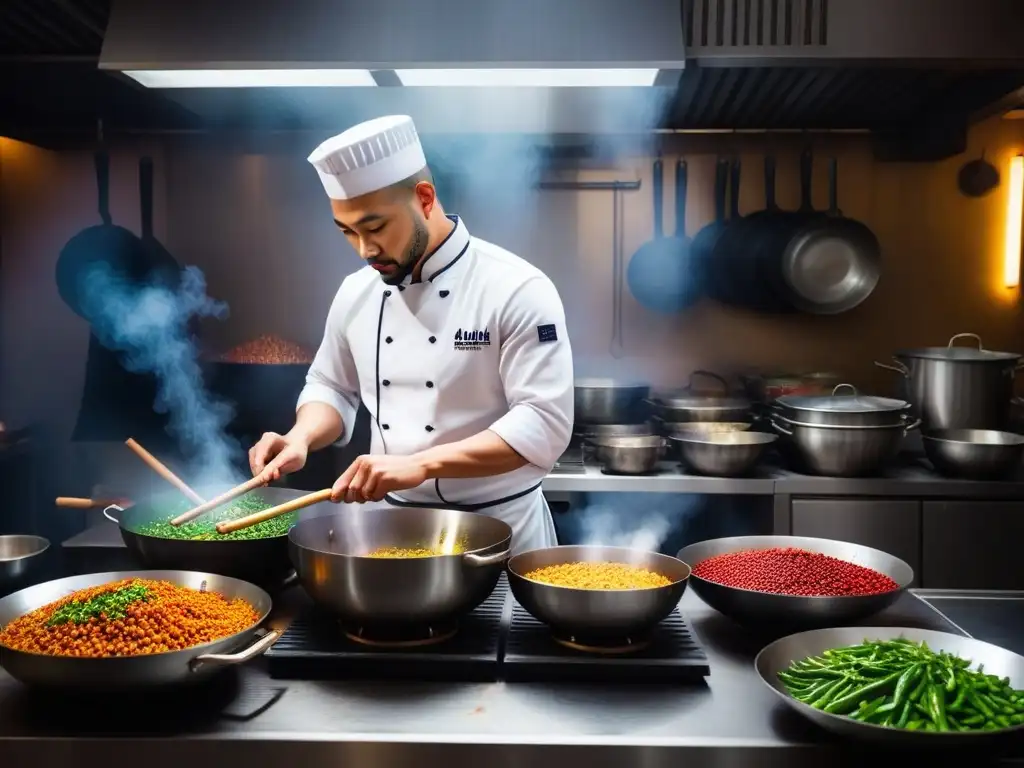 Un vibrante taller de cocina china vegana, chefs preparando platos coloridos entre woks humeantes y utensilios tradicionales