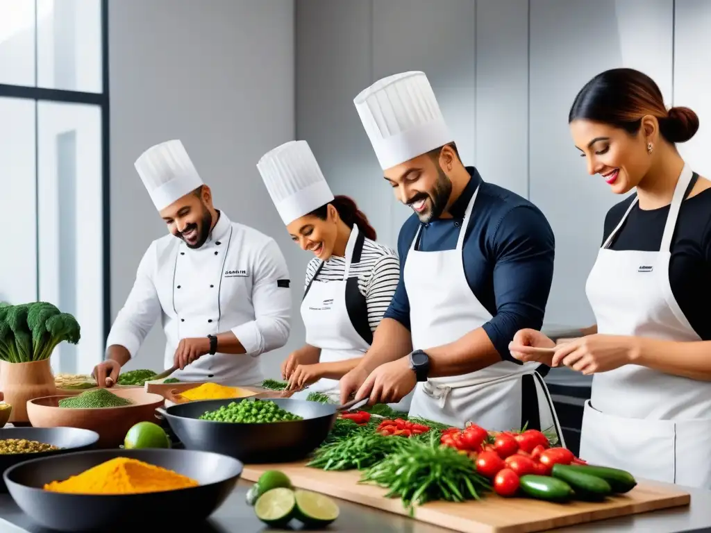 Un vibrante taller de cocina mexicana vegana con participantes diversos preparando platos coloridos en un espacio moderno y luminoso