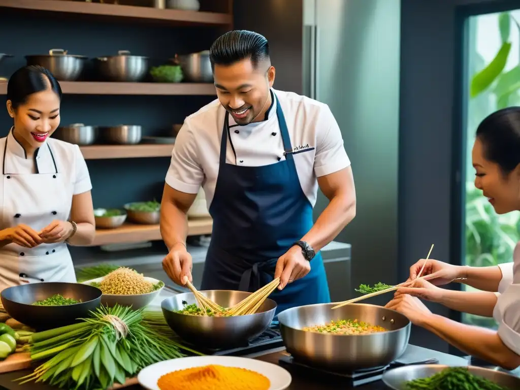 Un vibrante taller de cocina tailandesa vegana con entusiastas aprendiendo técnicas culinarias