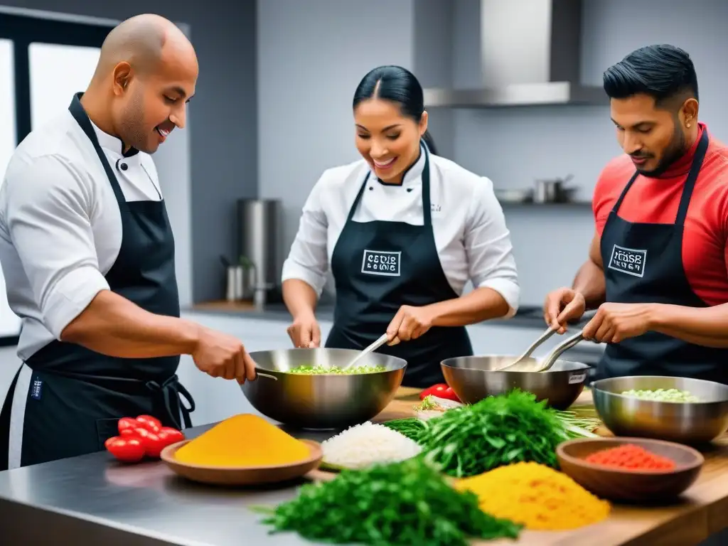 Vibrante taller de cocina vegana peruana con participantes cocinando ceviche y causa bajo la guía de un chef experto