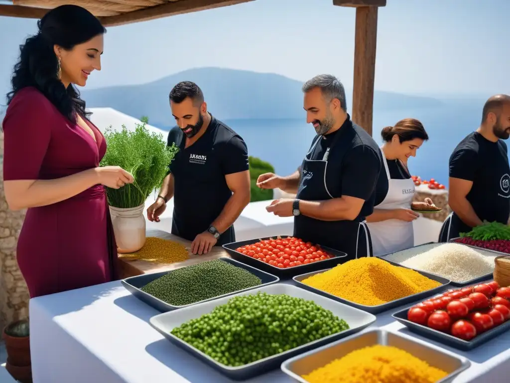 Vibrante taller de cocina vegana en Grecia con diversidad de participantes preparando delicias helénicas