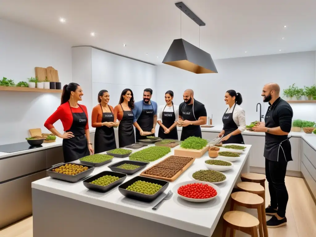 Un vibrante taller de cocina vegana griega en una moderna cocina, con participantes preparando platos tradicionales como dolmades, moussaka y baklava