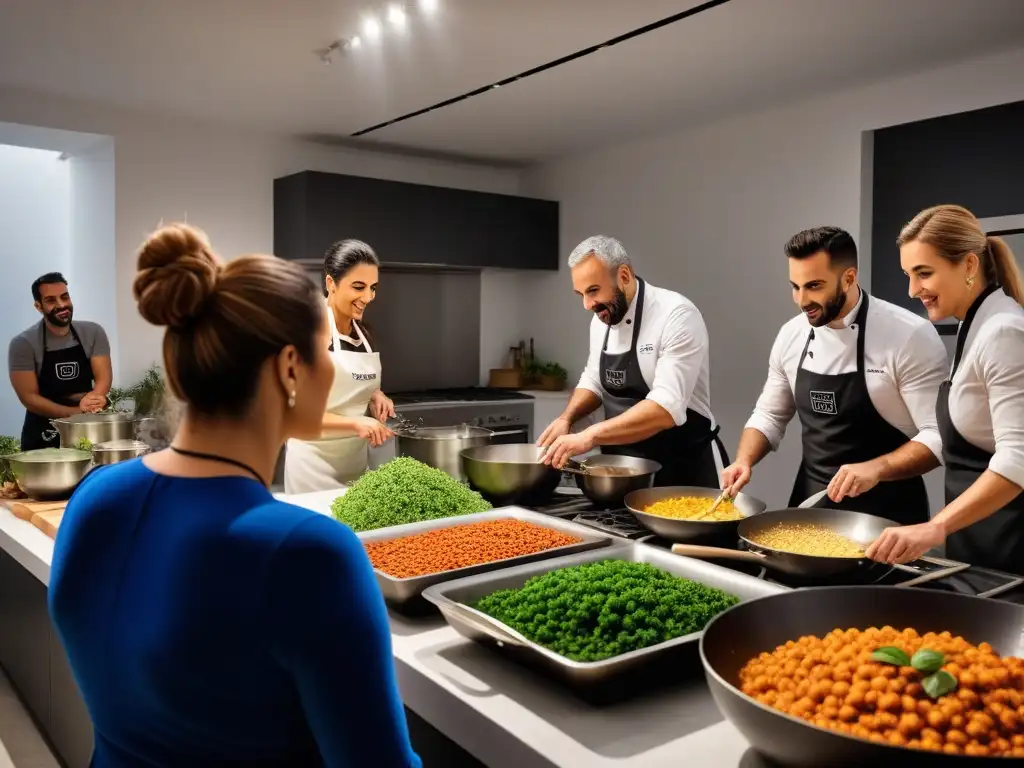 Un vibrante taller de cocina vegana griega en progreso, fusionando tradición y tendencias contemporáneas