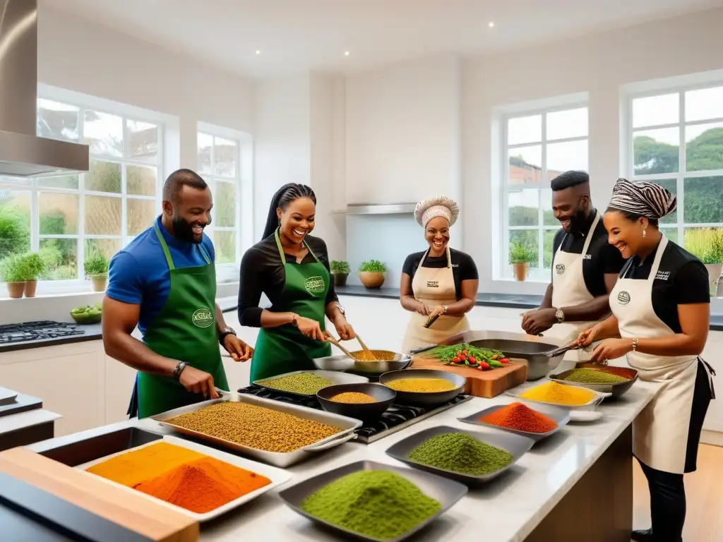 Vibrante taller de cocina vegana africana saludable, comunidad diversa disfruta cocinando juntos platos coloridos