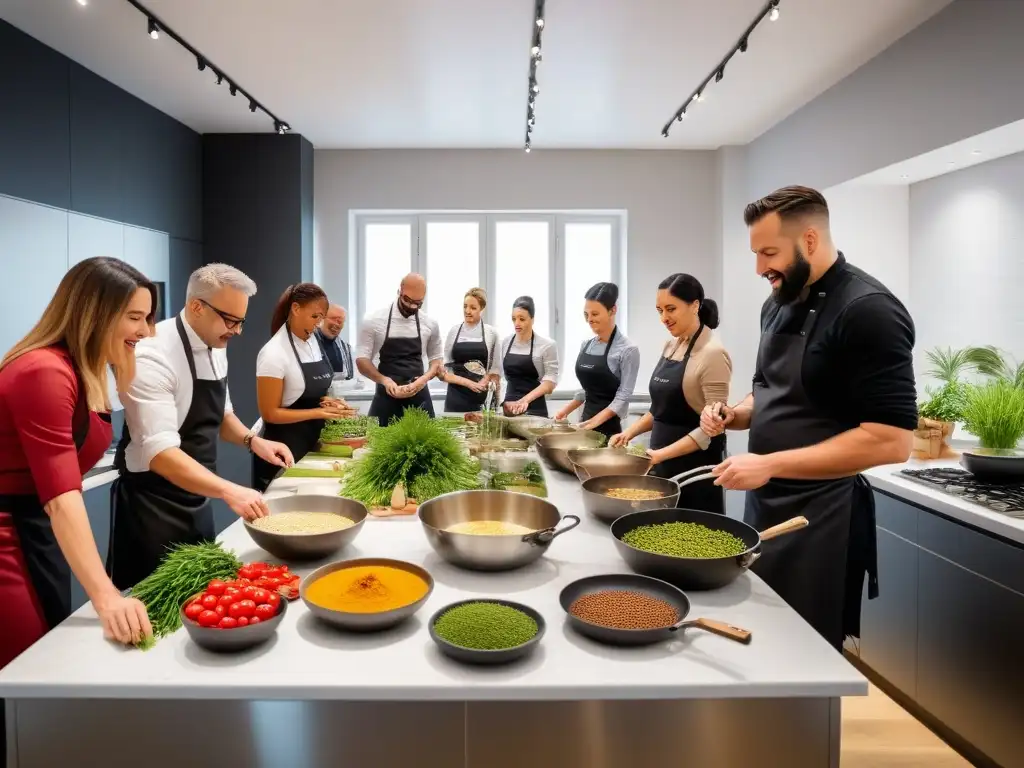 Un vibrante taller de cocina vegana francesa en una cocina moderna, con participantes entusiastas y un chef demostrando una receta sofisticada