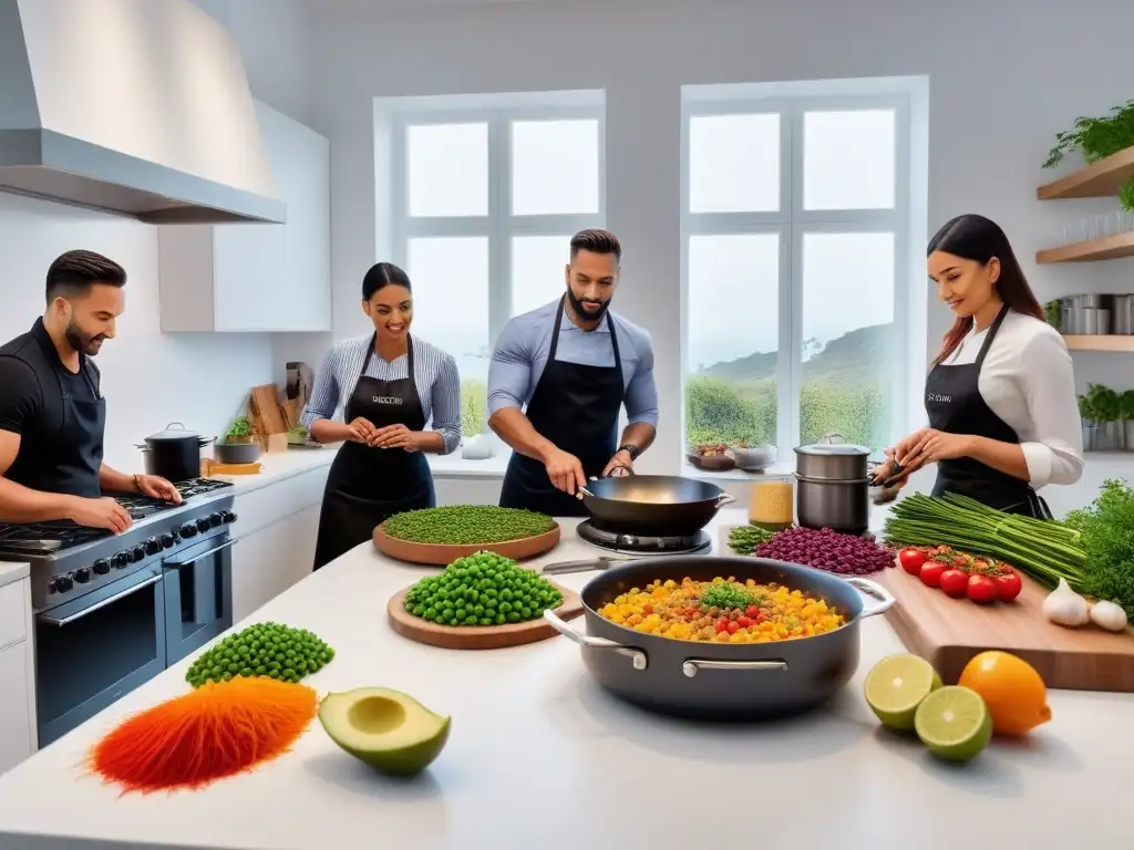 Un vibrante taller de cocina vegana portuguesa con participantes diversos preparando platos tradicionales en una cocina contemporánea