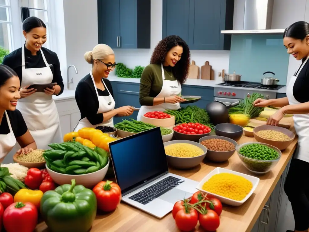 Un vibrante taller de cocina vegana online con participantes entregados en la preparación de deliciosos platillos vegetales en modernas cocinas