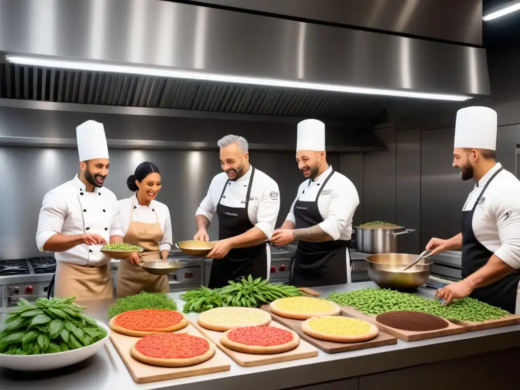 Un vibrante taller de cocina vegana italiana con participantes preparando coloridos platos veggie