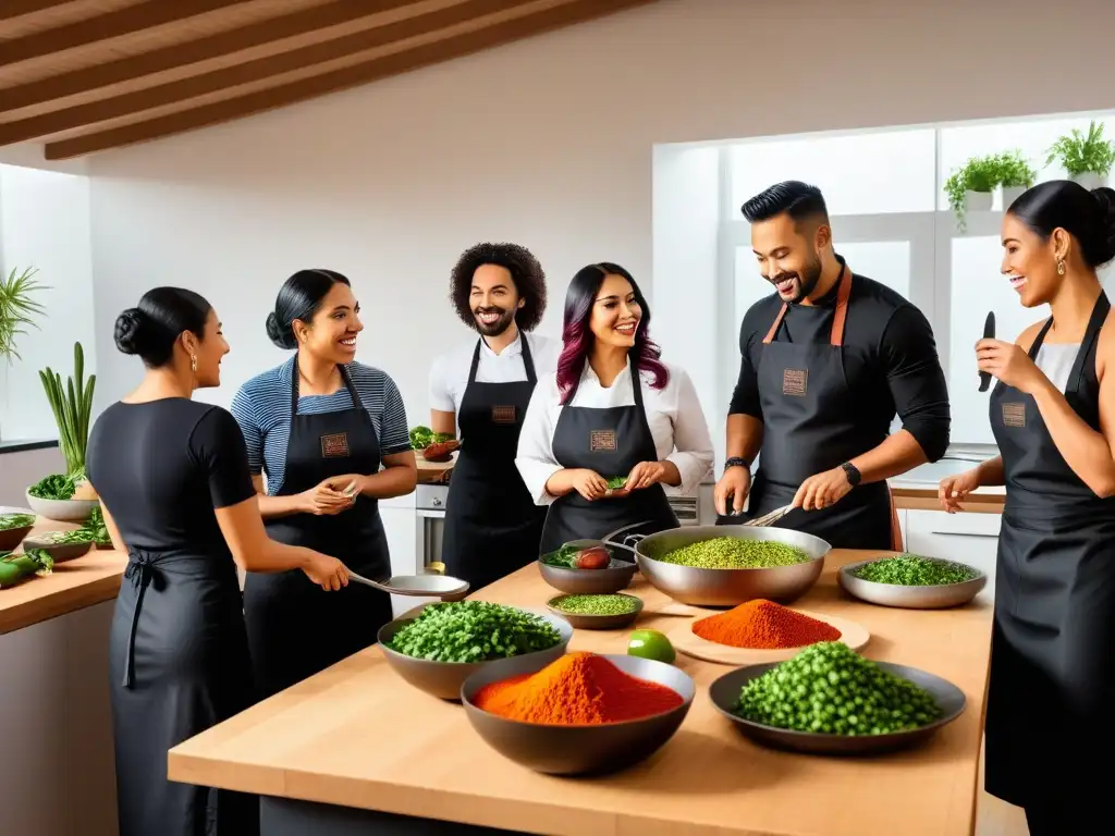 Un vibrante taller de cocina vegana mexicana con participantes aprendiendo y cocinando con pasión