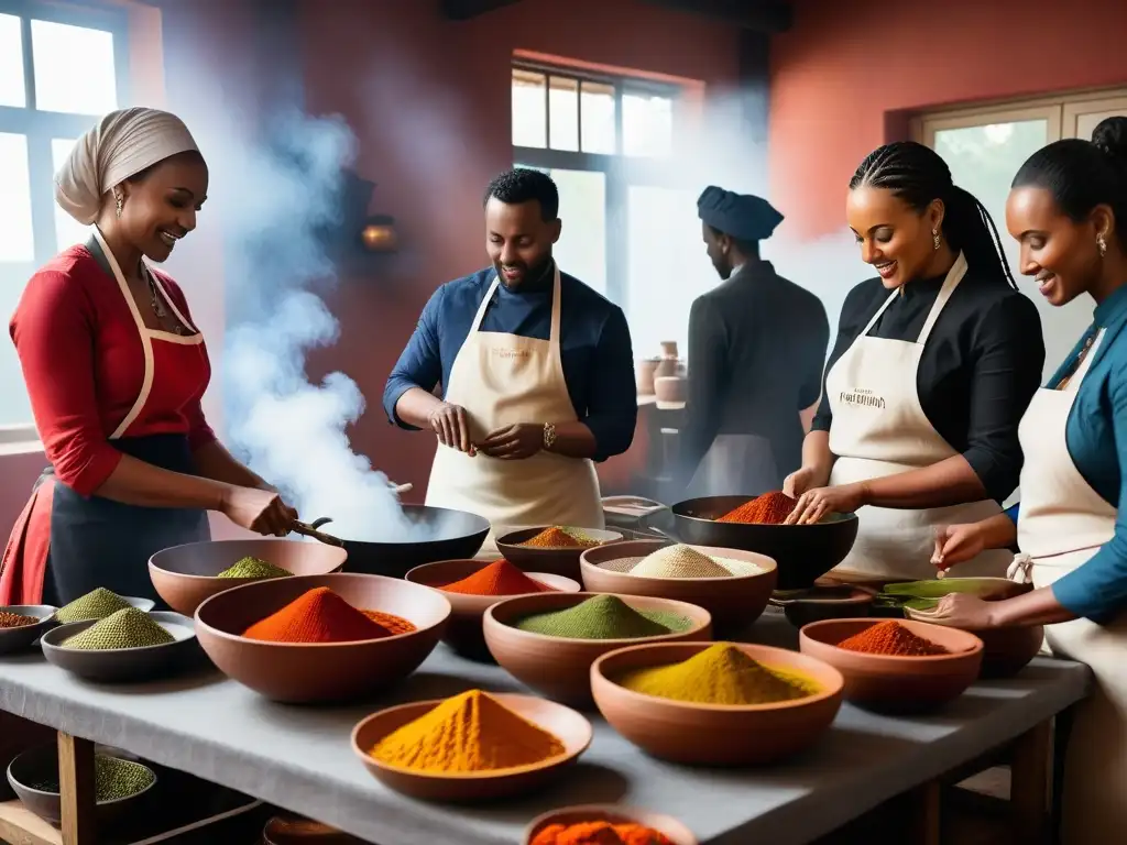 Un vibrante taller de cocina vegana etíope innovadora con ingredientes coloridos y utensilios modernos