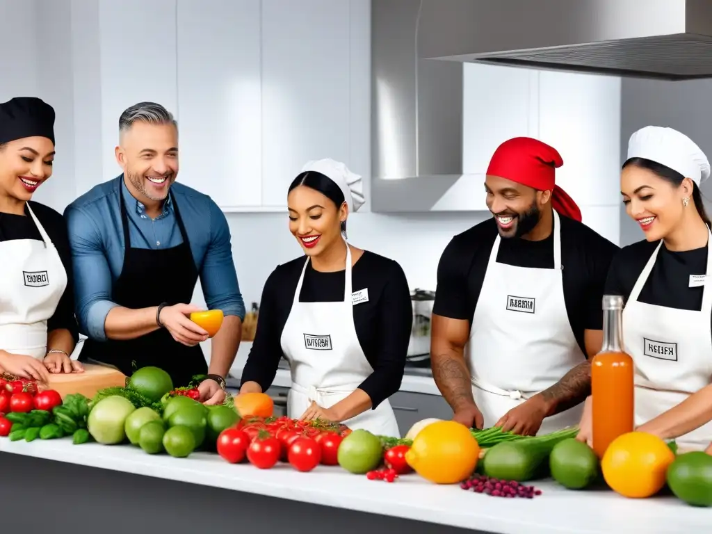 Un vibrante taller intensivo de cocina vegana, donde participantes diversos preparan platos coloridos con frutas y verduras en una cocina moderna