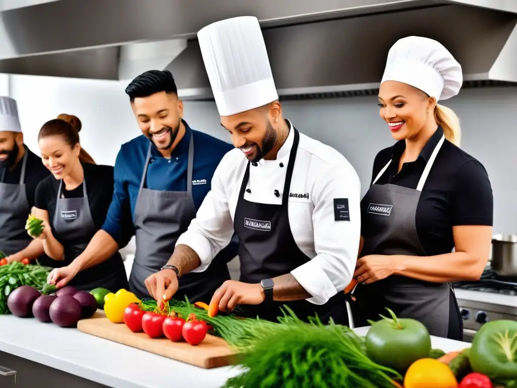 Un vibrante taller intensivo de cocina vegana, donde personas diversas cocinan juntas en una cocina moderna y luminosa