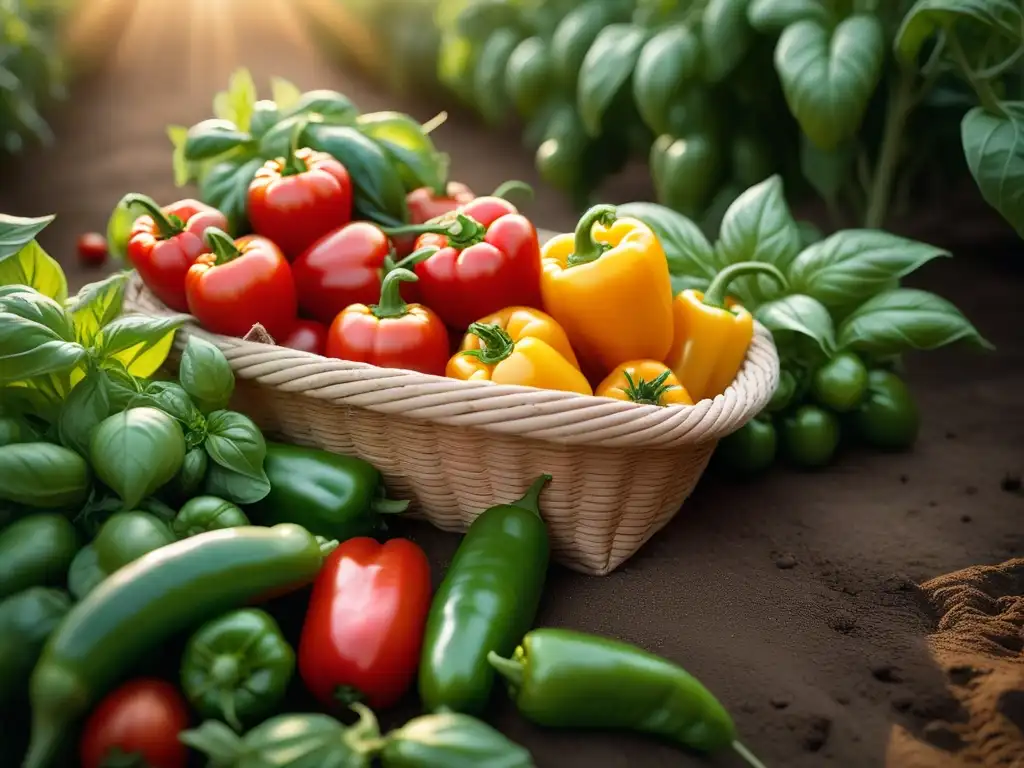 Un jardín mediterráneo vibrante con tomates maduros, pimientos coloridos, albahaca fresca y orégano fragante