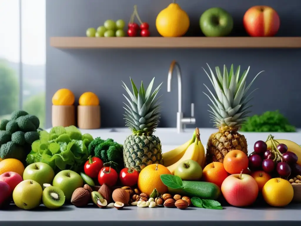 Una vibrante variedad de frutas, verduras, frutos secos y semillas en una cocina moderna