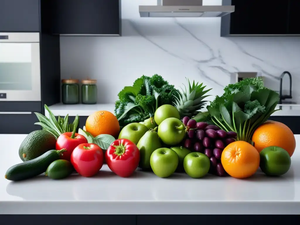 Una vibrante variedad de frutas y verduras frescas en una cocina moderna