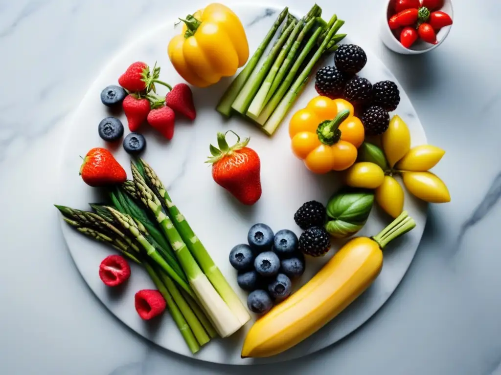 Vibrante variedad de frutas y verduras en un patrón circular sobre encimera de mármol blanco