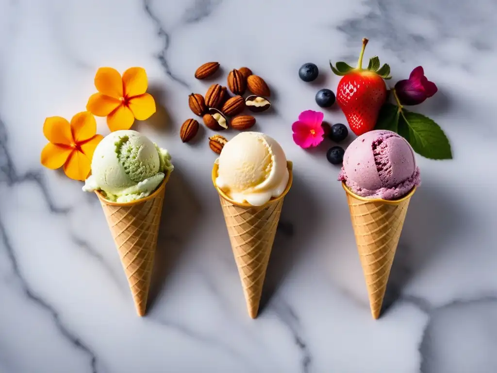 Una vibrante variedad de helados veganos caseros, con frutas frescas y flores comestibles, sobre un mostrador de mármol