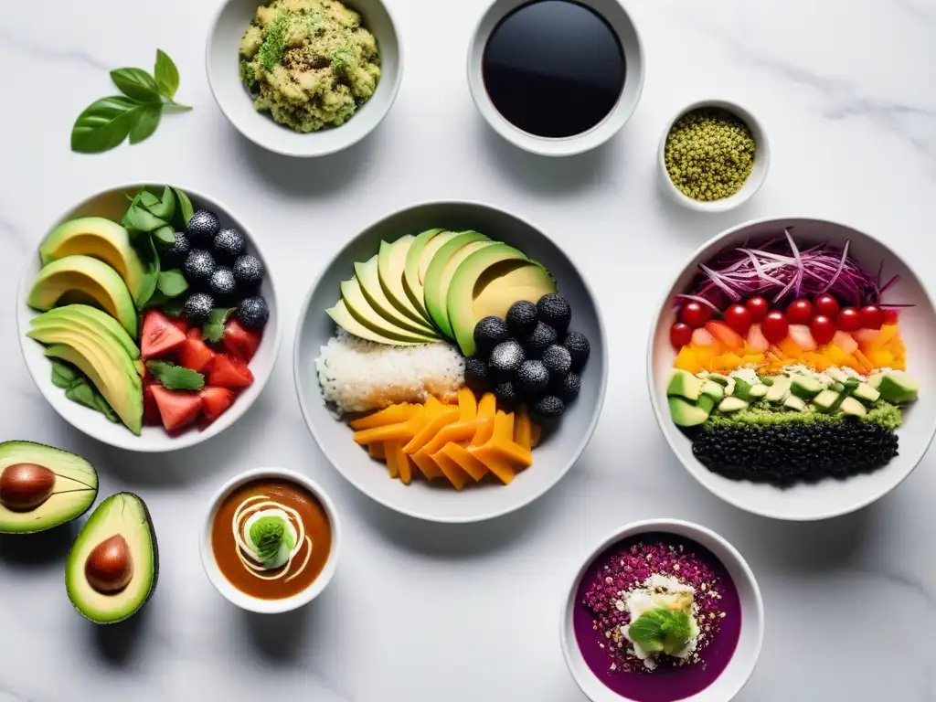 Una vibrante variedad de platos vegetales con alternativas veganas sorprendentes, como ensalada arcoíris, sushi vegano y bowls de açaí, presentados de forma artística en una mesa de mármol blanco