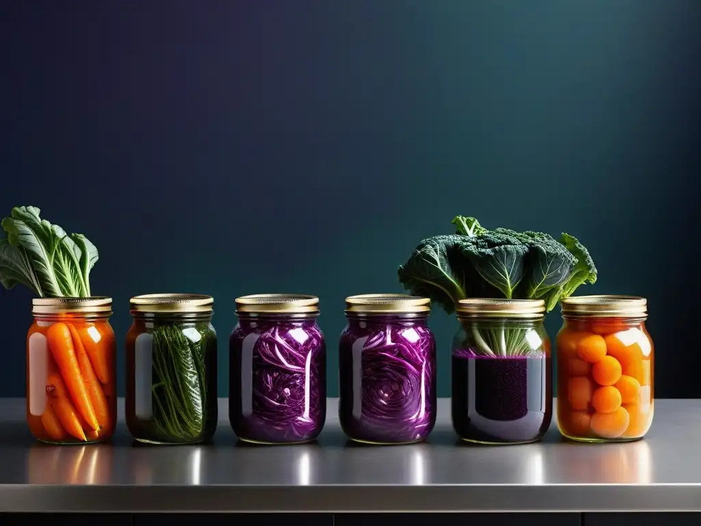 Vibrante fermentación vegana: chucrut de colores en tarros de cristal en cocina moderna