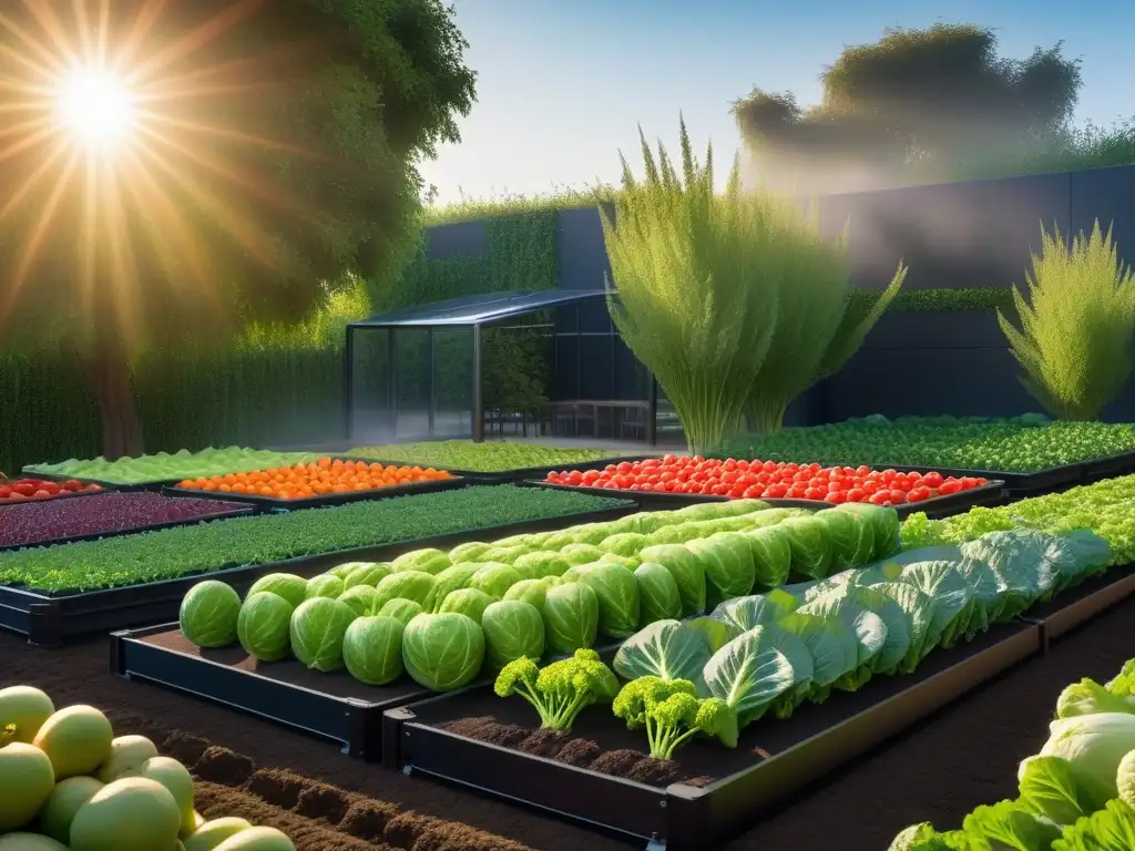 Jardín vibrante con vegetales y frutas coloridas, tecnología avanzada