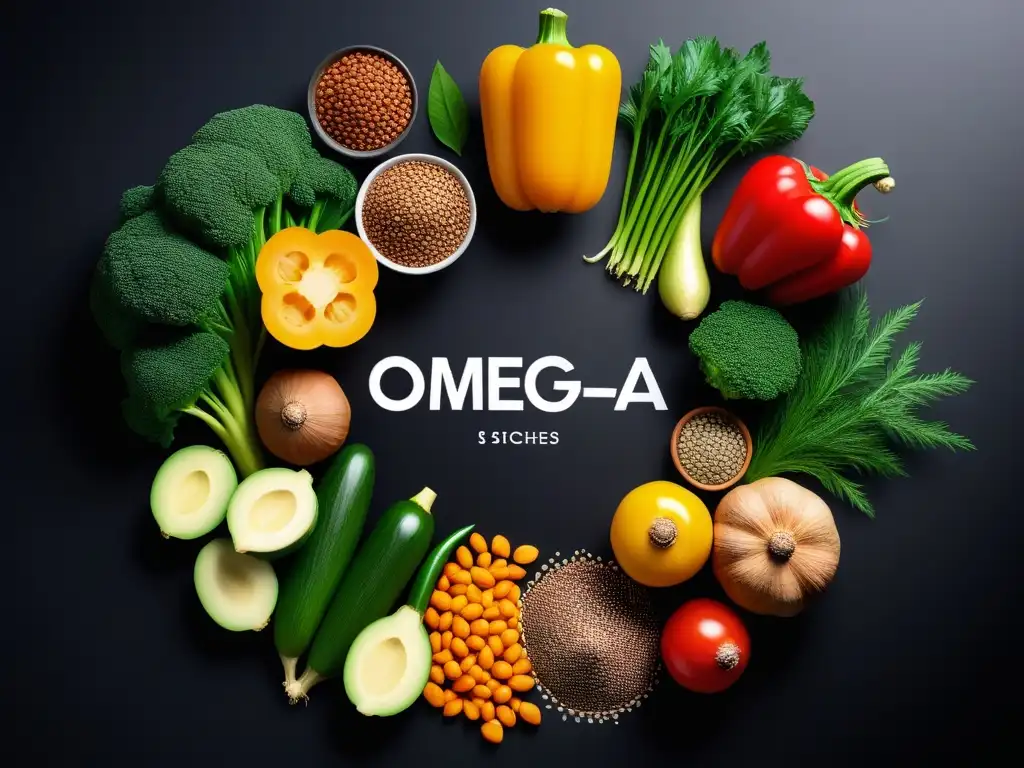 Una ilustración vibrante de vegetales y semillas ricas en omega 3 vegano como lino, chía y algas, destacando sus beneficios