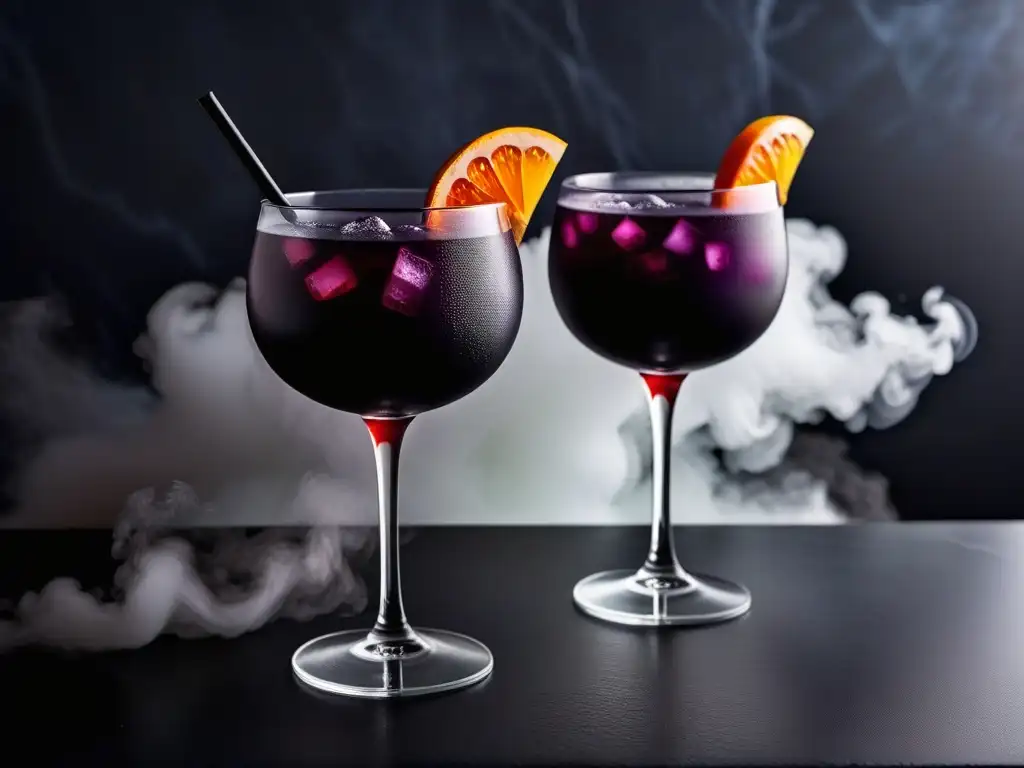 Vibrantes cócteles de Halloween en elegantes copas de cristal sobre un elegante mostrador de mármol negro, iluminados por velas y sombras misteriosas