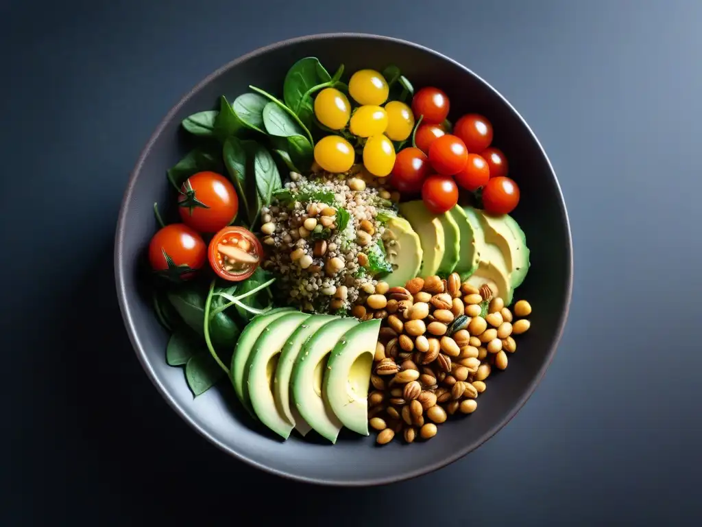 Vibrantes ensaladas veganas aderezos sin aceite, con ingredientes frescos y coloridos en un bol contemporáneo