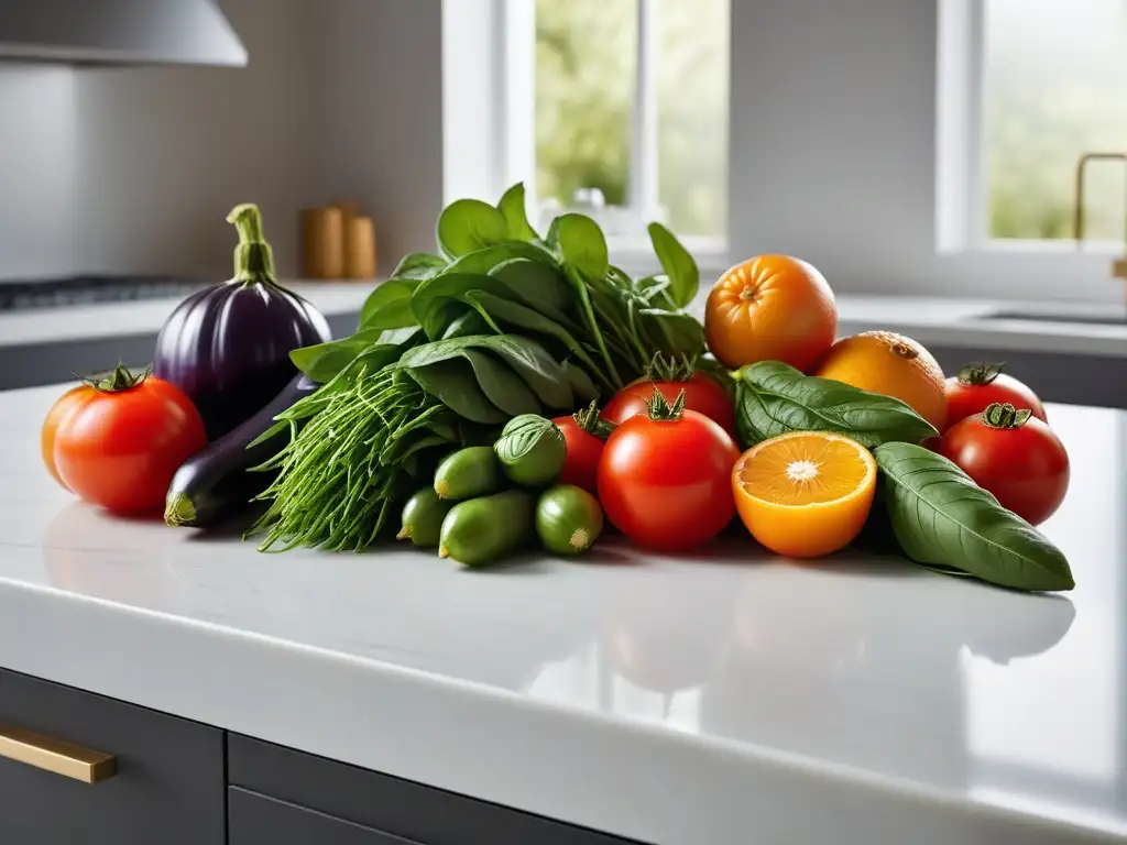 Vibrantes frutas y verduras frescas en una cocina moderna