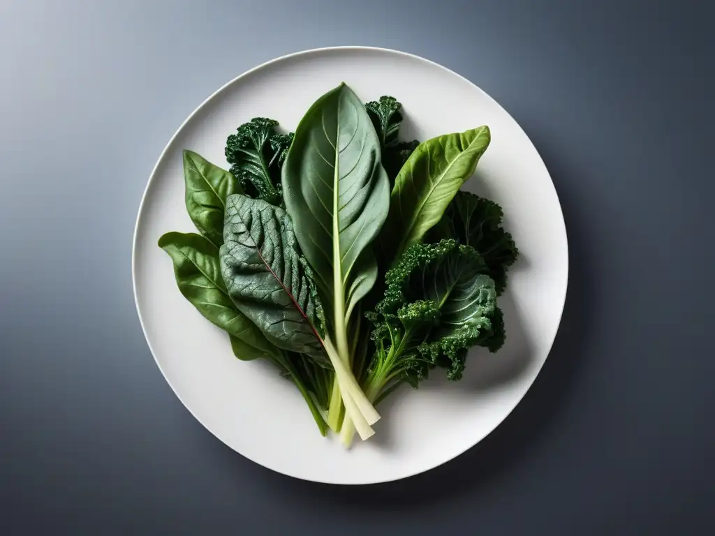 Vibrantes fuentes veganas de vitamina K: kale, espinaca, acelgas y berza en un elegante plato blanco