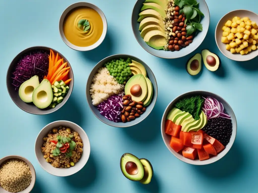 Vibrantes bowls veganos llenos de color y nutrientes: verduras frescas, quinoa, tofu, aguacate y frutos secos