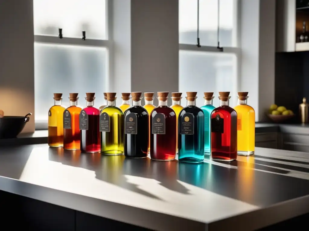 Vinagres fermentados cocina vegana: Detalle de botellas de colores en elegante cocina moderna