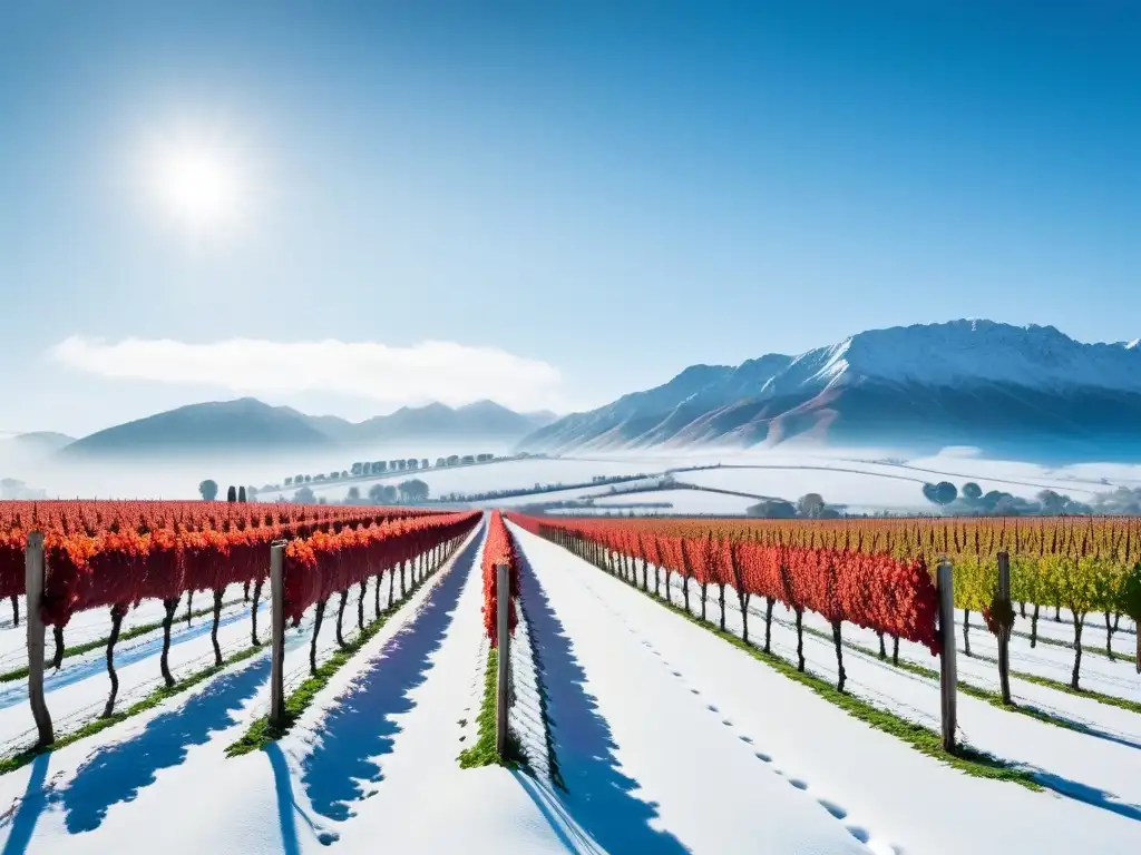 Un viñedo cubierto de nieve en invierno, con vides dormidas y montañas heladas al fondo