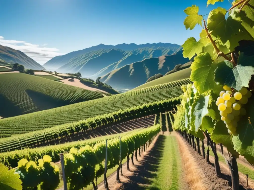 Viñedo exuberante en Nueva Zelanda, con viñedos verdes bajo el sol y montañas al fondo